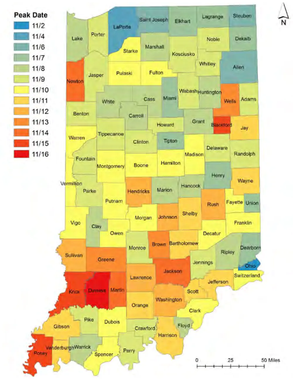 Map of Indiana counties colored by their mean date of peak rut, on a scale from November 2 to November 16, worked out from deer-vehicle collisions.
