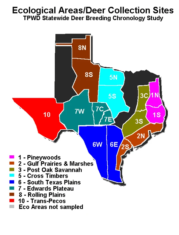 Map of Texas divided into the ecological areas of the TPWD deer breeding chronology study, with 16 collection sites from the Pineywoods and Gulf Prairies in the east to the Trans-Pecos in the west.